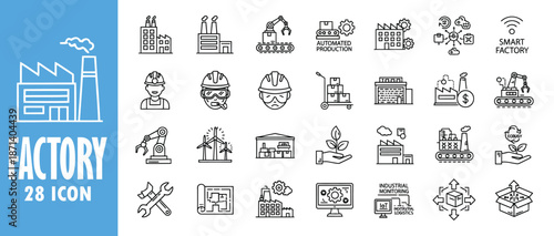 Factory and manufacturing Web Icon Set in Linear Style. Collection of manufacturing line icons, including automation, plants, industrial, production, machine, warehouse and more.