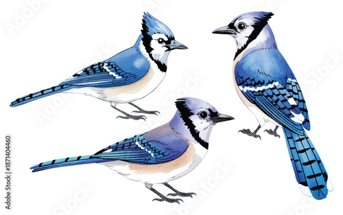 three blue jays on white background