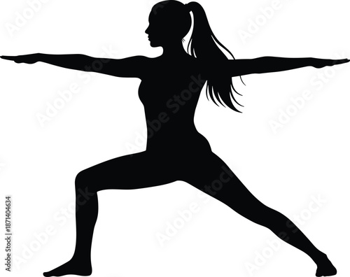 Black female yoga silhouette with long ponytail practicing warrior two pose isolated on white background for wellness, fitness, and mindfulness,