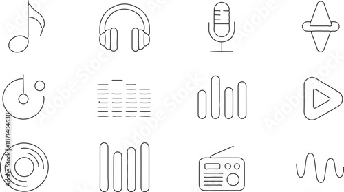 Modern line art vector icon set featuring music, sound, and audio themes, perfect for digital media interfaces, entertainment applications, and graphic design projects