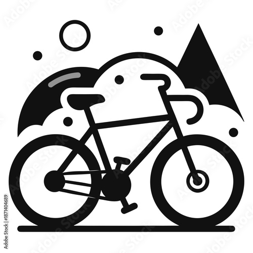 Title: A black and white line of a bicycle with a person riding it and a sun in the background