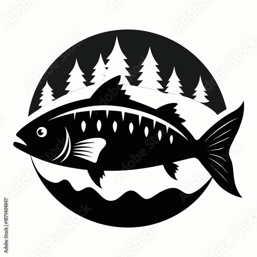 Title: A black and white of a fish with sharp teeth and a forest on its head silhouette