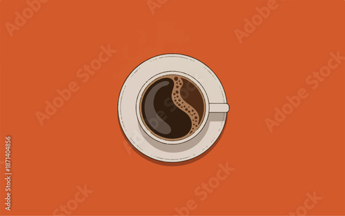 Top view of a cup of coffee on a saucer with foam on orange background