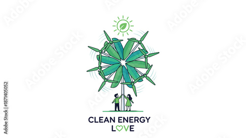 Clean Energy Love illustration with wind turbines and people, Generative AI.