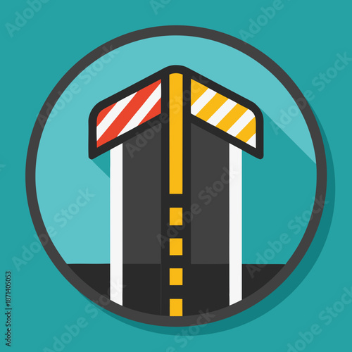 Title: A triangular yield sign with red and white stripes on a teal circular background and a