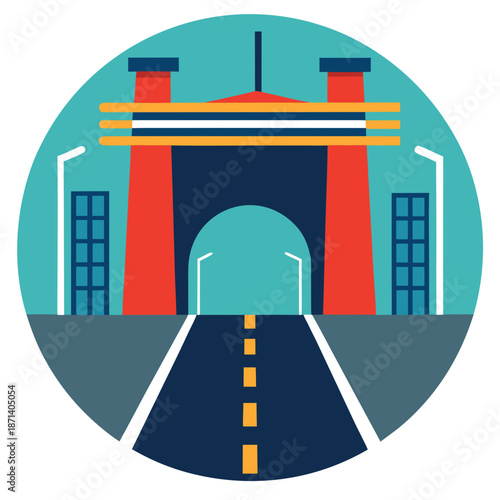 Title: A triangular yield sign with red and white stripes on a teal circular background and a