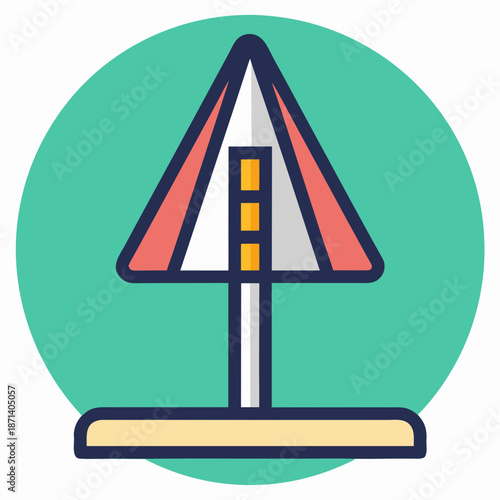 Title: A triangular yield sign with red and white stripes on a turquoise circular background and