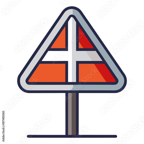 Title: A triangular yield sign with red and white stripes on a white background and a yellow road