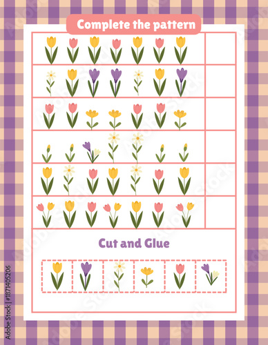 A task for younger children with cute spring flowers. What's next. Worksheets for kindergarten