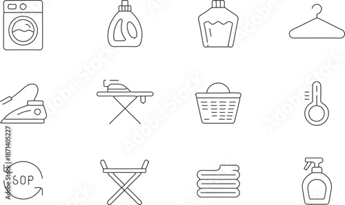 Household laundry and ironing care icons Washing machine, detergent, fabric softener, hanger, iron, ironing board, laundry basket, thermometer, care symbols, towels, spray bottle
