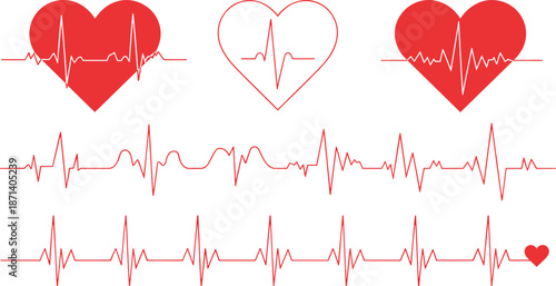 Heartbeat ECG illustration, medical rhythm design, heart health concept, red heart waveform art, cardiovascular activity symbol graphic