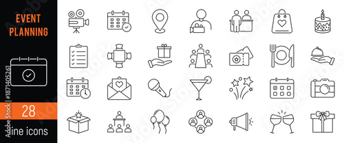 Event planning icon set of web in linear style. Event icons for web and mobile app. Management, wedding, entertainment, catering, invitations, catering, coordination. Vector illustration. EPS 10