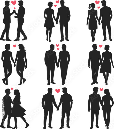 Inclusive couple silhouettes, romantic love poses, LGBTQ representation art, red heart symbols, Valentine's day diversity illustration design