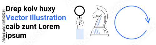 Business innovation, analysis tools, strategic planning, workflow process, problem-solving, conceptual icons. Magnifying glass, chess knight arrow loop. Strategic planning and workflow process