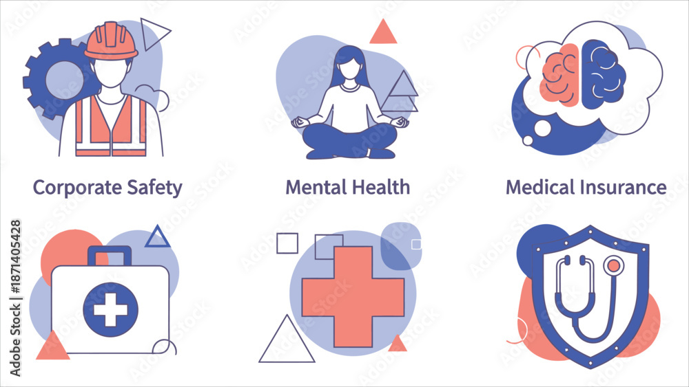 Fototapeta premium Employee health abstract vector set. Covers burnout, workplace safety, overload, injury prevention, and working environment..eps