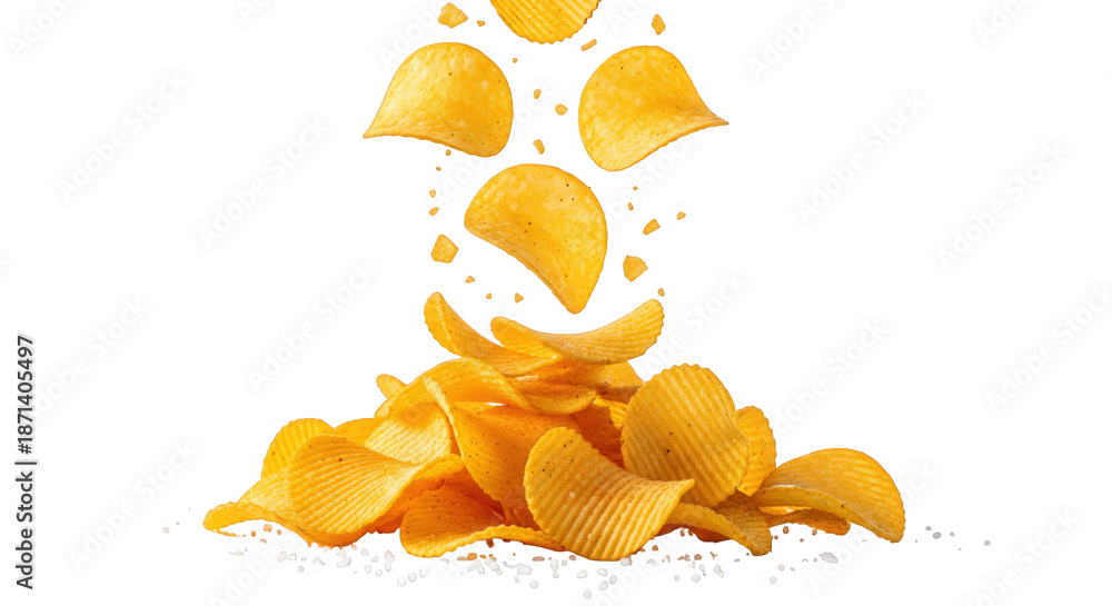 Naklejka premium Potato Chips Falling into a Pile with Salt on Black Background crisps snack