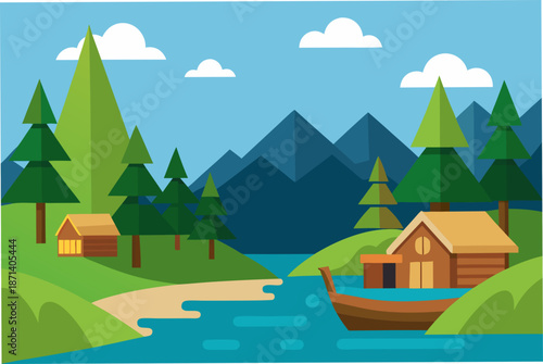 Village on the Edge of a Forested Bay with Canoes