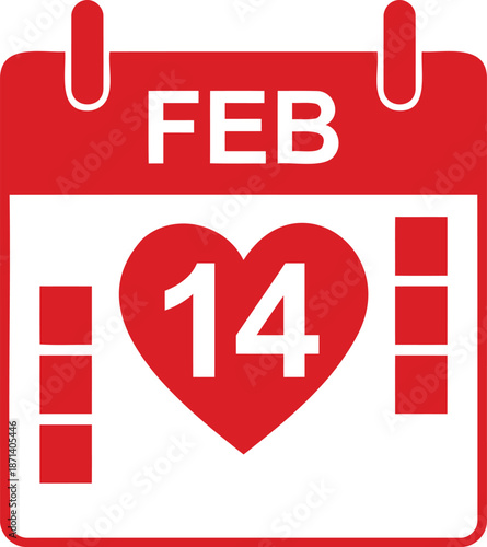 Red Valentine's Day Calendar Icon with Heart and February 14 Date Illustration for Romantic Events