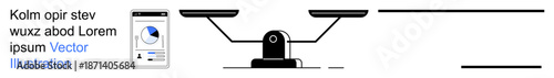 Data management, decision making, analytics tools, mobile interface, financial balance, measurement systems. A classic scale with a mobile device displaying a chart. Analytics and decision making