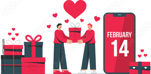 Valentine gift exchange illustration, cartoon couple with hearts, February 14 celebration art, romantic holiday design and love symbols