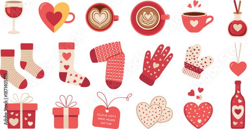 Valentine icon collection, love-themed objects design, cozy gifts drinks hearts socks, festive romantic celebration graphic elements