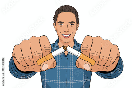 Happy man breaking cigarette stop smoking concept vector illustration for healthcare advertising anti-tobacco campaign quit addiction awareness nicotine free lifestyle choice good health wellbeing des