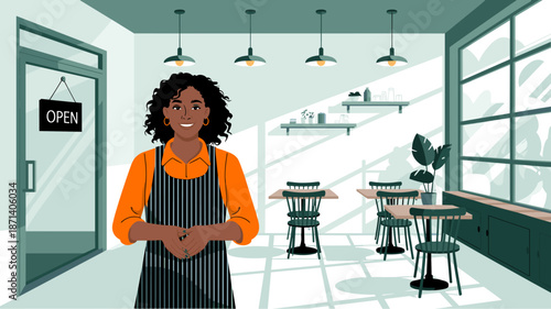 Smiling african american barista standing welcoming guests in sunny restaurant cafe interior small business owner in apron entrepreneurship concept modern vibrant professional illustration for food se