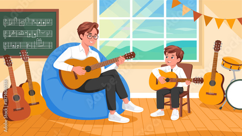 Dedicated music teacher giving guitar lessons to young student in cozy room with musical instruments chalkboard window cheerful learning environment for education creative arts school programs and per
