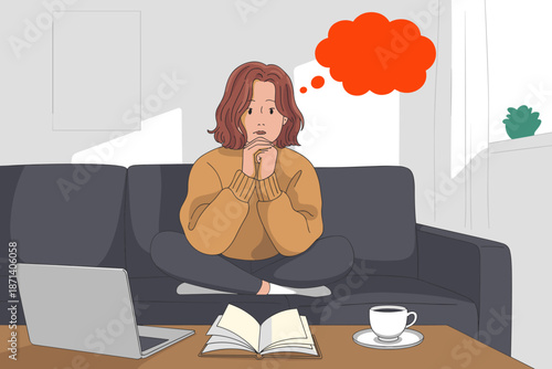 Worried young woman thinking with laptop and book on table sitting on couch in living room at home thoughtful student studying online remote learning with thoughts about future education lifestyle con