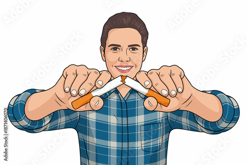 Healthy young man breaking cigarette in half quitting smoking addiction for good health benefits and wellness lifestyle nicotine stop habit concept for healthcare advertising and social awareness camp