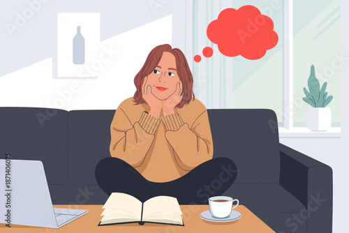 Young woman sitting cross-legged on sofa thinking with a book and laptop in living room happy relaxed casual thoughtful student character illustration for studying education online learning creative i