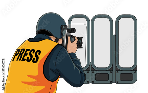 Brave press photographer documenting protest with camera behind riot shield protection for journalism safety on white background vector illustration for news media freedom of speech publications and i