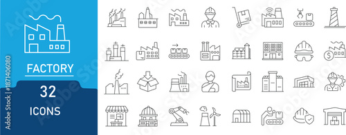 Factory icons in line style. Contains icon related to including automation, plants, industrial, production, machine, warehouse and more. and more. Editable stroke.Outline Icon Collection.