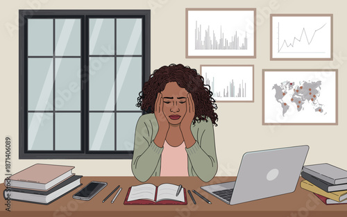 Stressed exhausted African American woman working on laptop computer at home office modern workspace feeling headache tired overwhelmed burnout employee for online education e-learning mental health c