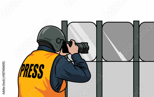 Focused press photographer taking pictures wearing helmet and yellow jacket at event news illustration journalism media professional covering story for publication photojournalist reportage concept