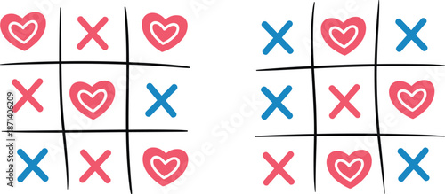 Valentine tic-tac-toe game, heart and X symbols, love strategy concept, playful romantic design, pink blue grid art