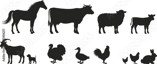 Collection of Farm Animal Silhouettes Featuring Horse Cow Sheep Goat Pig Duck Rooster and Hen for Rural Livestock Agricultural Projects