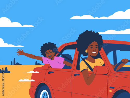 Happy African American family driving in red car on summer vacation road trip with beautiful landscape background young cheerful mother and child enjoying travel adventure for tourism advertising and