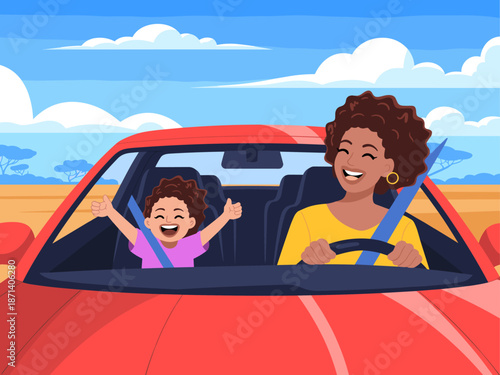 Happy mother and daughter driving red car on road trip smiling with thumbs up summer travel adventure African American family vacation journey cheerful lifestyle illustration for tourism marketing adv