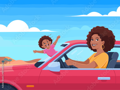 Happy African American mother driving red car with joyful daughter hanging out the window on road trip vacation enjoying freedom adventure positive journey family travel concept for tourism advertisin