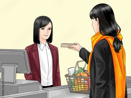 Friendly cashier helping customer with grocery shopping at checkout counter retail service illustration of woman paying for food and household items at supermarket store for lifestyle advertising and