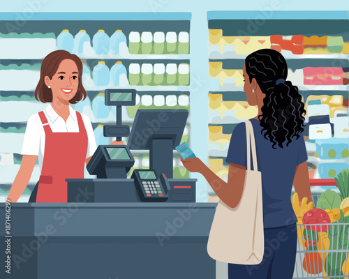 Friendly cashier serving diverse customer paying with credit card at checkout counter in modern supermarket grocery store professional illustration for retail business marketing advertising promoting