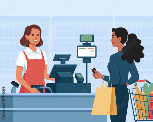 Smiling cashier serving customer with shopping cart at checkout counter in modern supermarket grocery store paying with smartphone consumerism concept retail business illustration for advertising mark