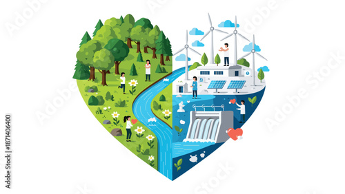 Heart shaped illustration of sustainable energy and nature, Generative AI.