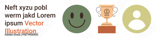 Achievement, success, recognition, motivation, user engagement, positivity. happy face, trophy and user icon in a row. Achievement and success concept with an emphasis on positivity