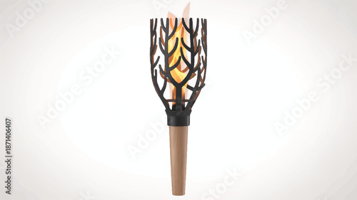 Tiki torch with wooden handle and decorative metal flame guard
