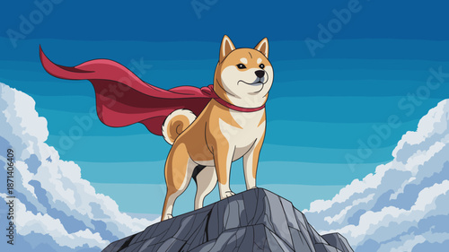Cartoon shiba inu superhero dog standing on mountain peak with red cape blowing in wind brave confident pet character illustration for children's book cover adventure story playful animal veterinary c