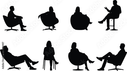 Collection of silhouettes featuring people sitting in various chairs, office seating, lounge furniture, and interactive social postures for interior design concepts