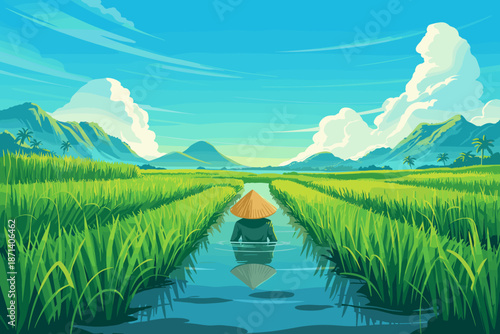 Traditional Asian farmer wading through flooded rice paddy fields with conical hat agriculture worker rural landscape scenic illustration for travel and tourism marketing environmental sustainability