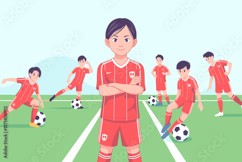 Confident young soccer player standing on field with teammates practicing football skills sportsmanship and teamwork concept for youth athletic programs and recreational activities promoting healthy a